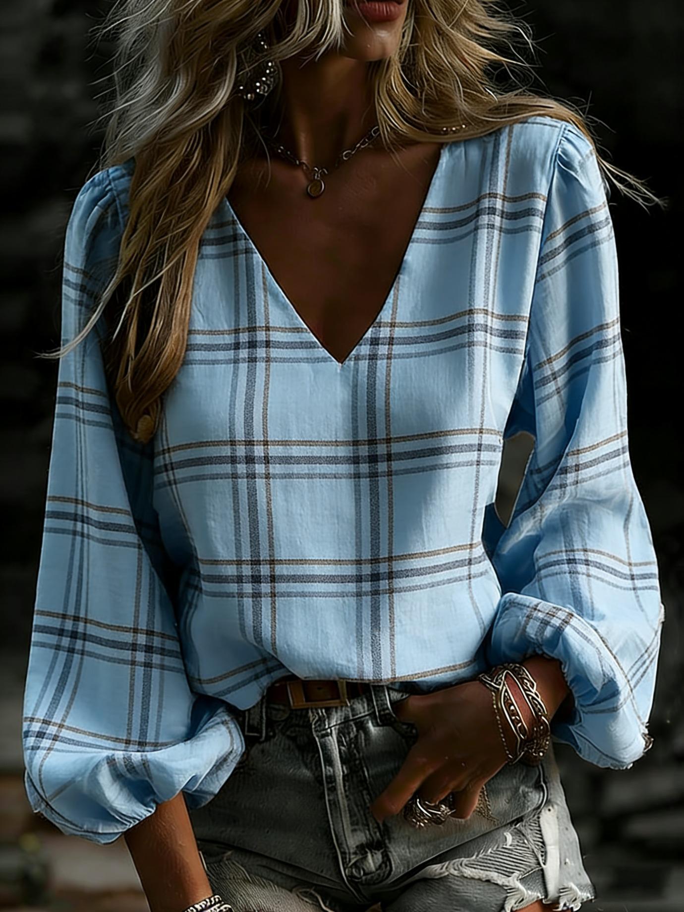 V collection long-sleeved shirts feature stylish check patterns and retro lantern sleeves. The loose cut makes them perfect for dates. S
V collection long-sleeved shirts feature stylish check patterns and retro lantern sleeves. The loose cut makes them perfect for dates. S