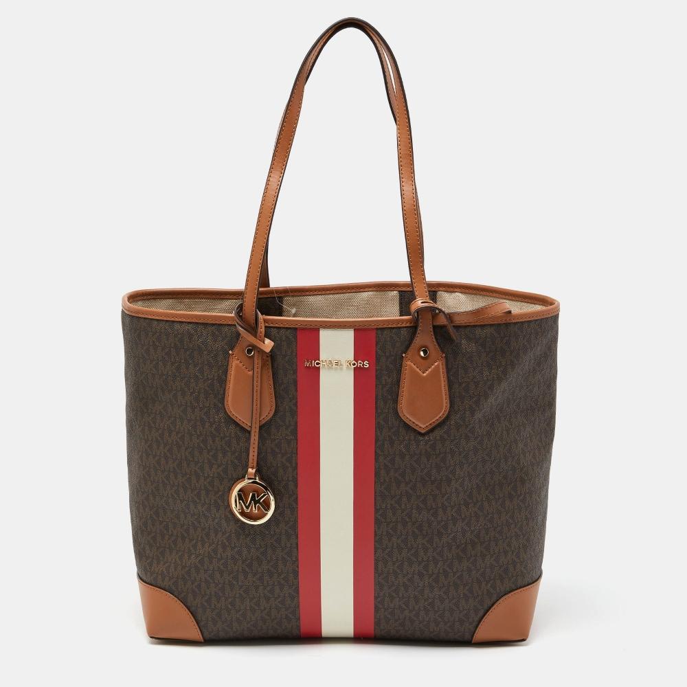 Michael Kors Signature с покрытием из кожи и холста с большим логотипом в полоску Eva, коричневая сумка-тоут
Michael Kors Signature с покрытием из кожи и холста с большим логотипом в полоску Eva, коричневая сумка-тоут