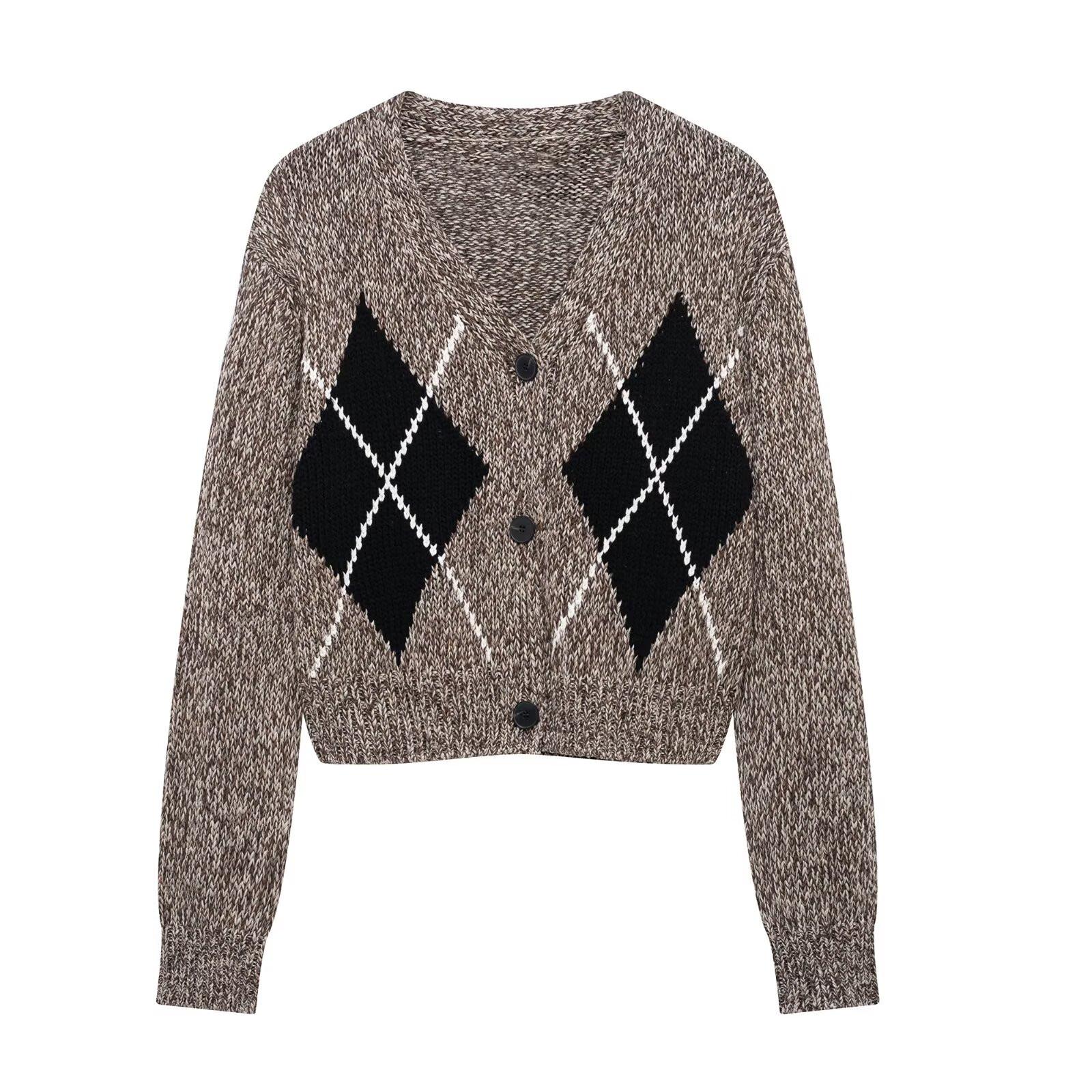 2025 Spring Women s V-Neck Long-Sleeve Diamond Jacquard Short Knit Cardigan S верблюд 
2025 Spring Women s V-Neck Long-Sleeve Diamond Jacquard Short Knit Cardigan S верблюд