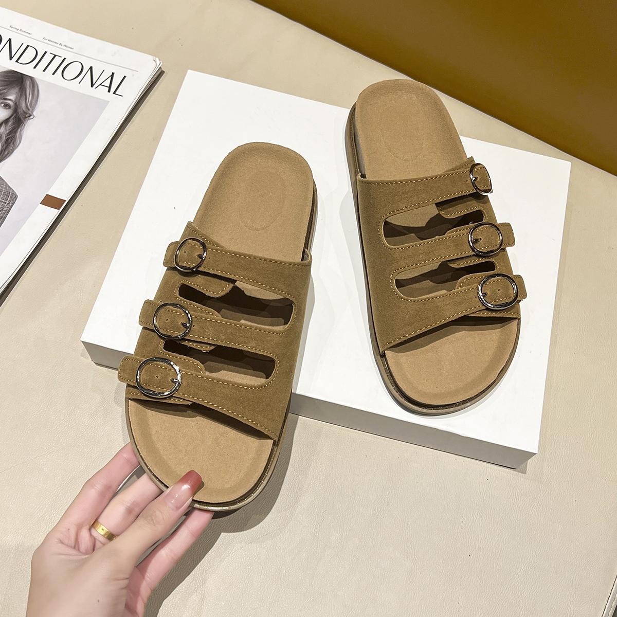 Модные флоковые низкие домашние тапочки, обувь на платформе, шлепанцы с закрытым носком, мюли для женщин 2025, мягкая плоская резиновая подошва, каблуки-копытца, ПУ, базовая ткань, повседневные 42 шоколадный