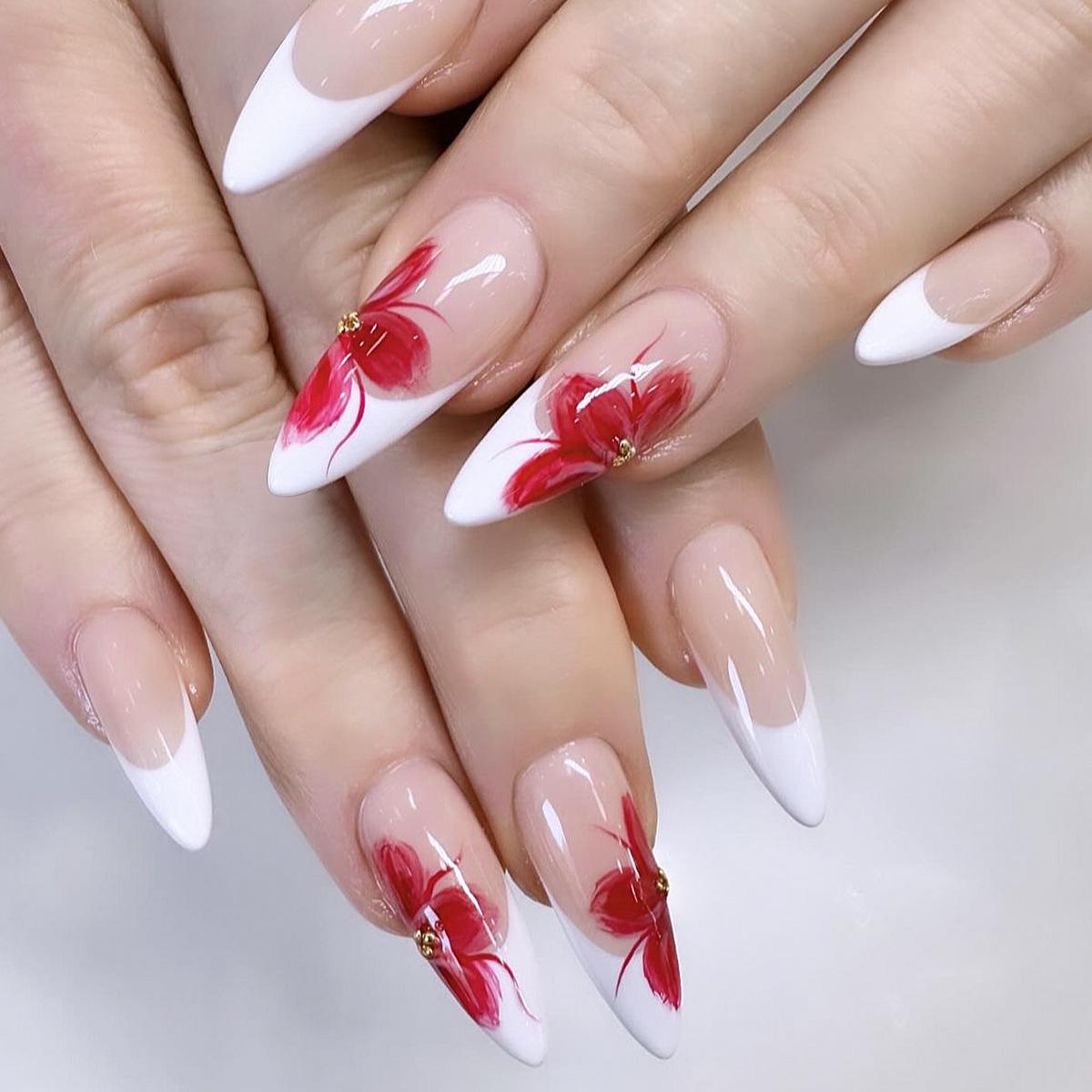 Almond Shaped Wearable Fake Nails with White French Tips, Red Maple Leaf Design, and Steel Beads
Almond Shaped Wearable Fake Nails with White French Tips, Red Maple Leaf Design, and Steel Beads