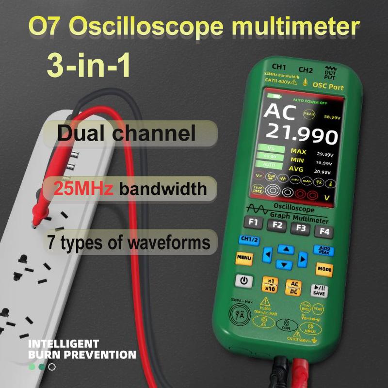 3-in-1 Handheld Oscilloscope Dual Channel Digital Multimeter 25Mhz Bandwidth 208MSa/s Sampling Rate Current Capacitance Tester
3-in-1 Handheld Oscilloscope Dual Channel Digital Multimeter 25Mhz Bandwidth 208MSa/s Sampling Rate Current Capacitance Tester