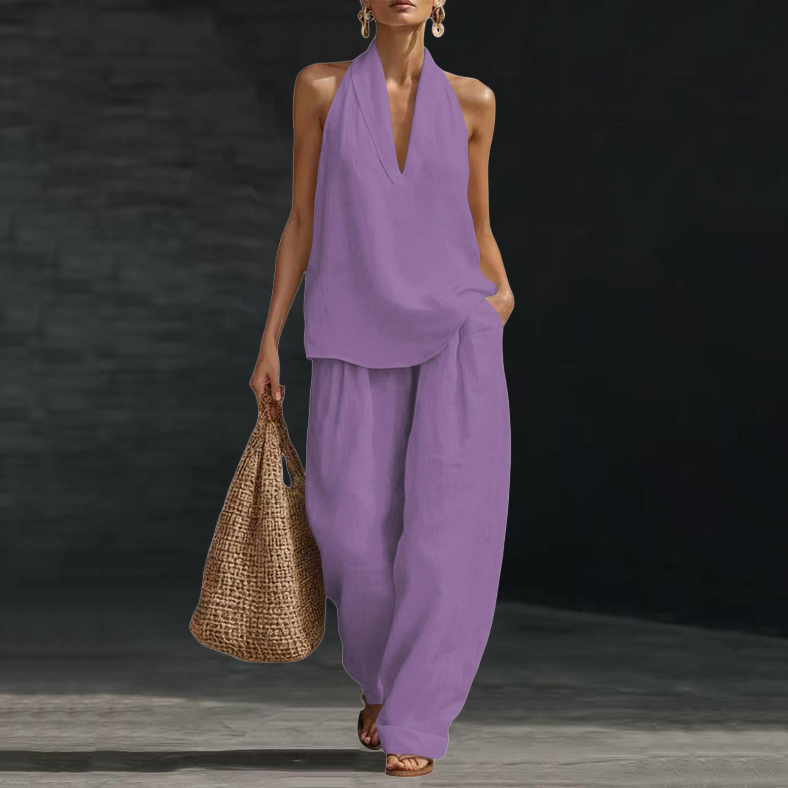 Women s Sleeveless Loose Fit Halter Neck Top and Wide Leg Pants Two Piece Set Casual Summer Outfit Lightweight Fabric M фиолетовый
Women s Sleeveless Loose Fit Halter Neck Top and Wide Leg Pants Two Piece Set Casual Summer Outfit Lightweight Fabric M фиолетовый