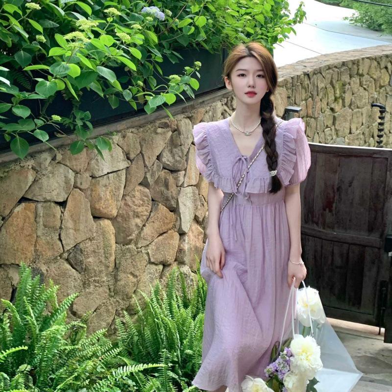 Elegant French Collar Purple Summer Dress with Puff Sleeves Large
Elegant French Collar Purple Summer Dress with Puff Sleeves Large