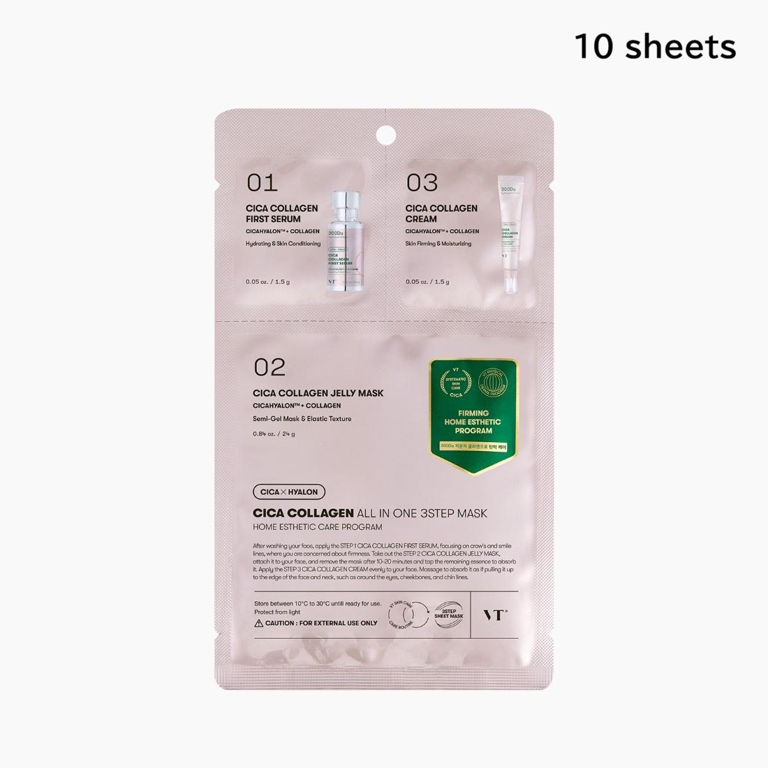 VT Cosmetics CICA Collagen All-In-One 3 Step Mask Pack 10 Sheets Soothing & Firming Care
VT Cosmetics CICA Collagen All-In-One 3 Step Mask Pack 10 Sheets Soothing & Firming Care