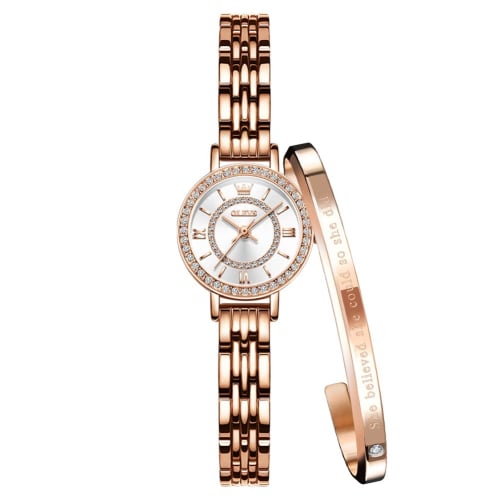 Набор женских часов OLEVS - Легко читаемые часы-браслет - Премиальная нержавеющая сталь - Календарь, Водонепроницаемость 3 АТМ, Люминесцентные, Золотистый/Серебристый (белый) (ЧАС)