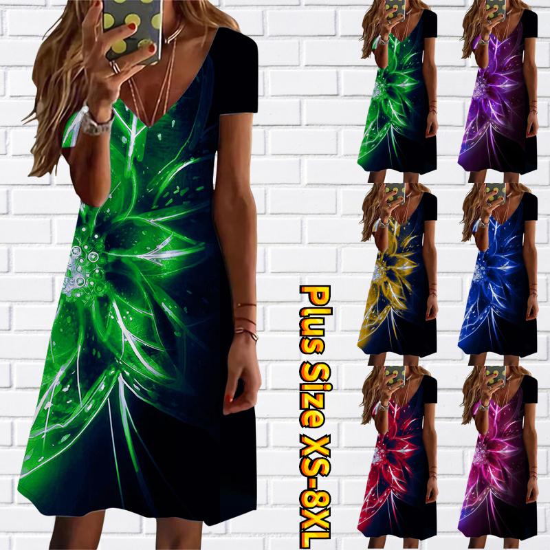 Летняя мода женская V-образным вырезом с коротким рукавом флуоресцентное платье с цветочным принтом сексуальное платье