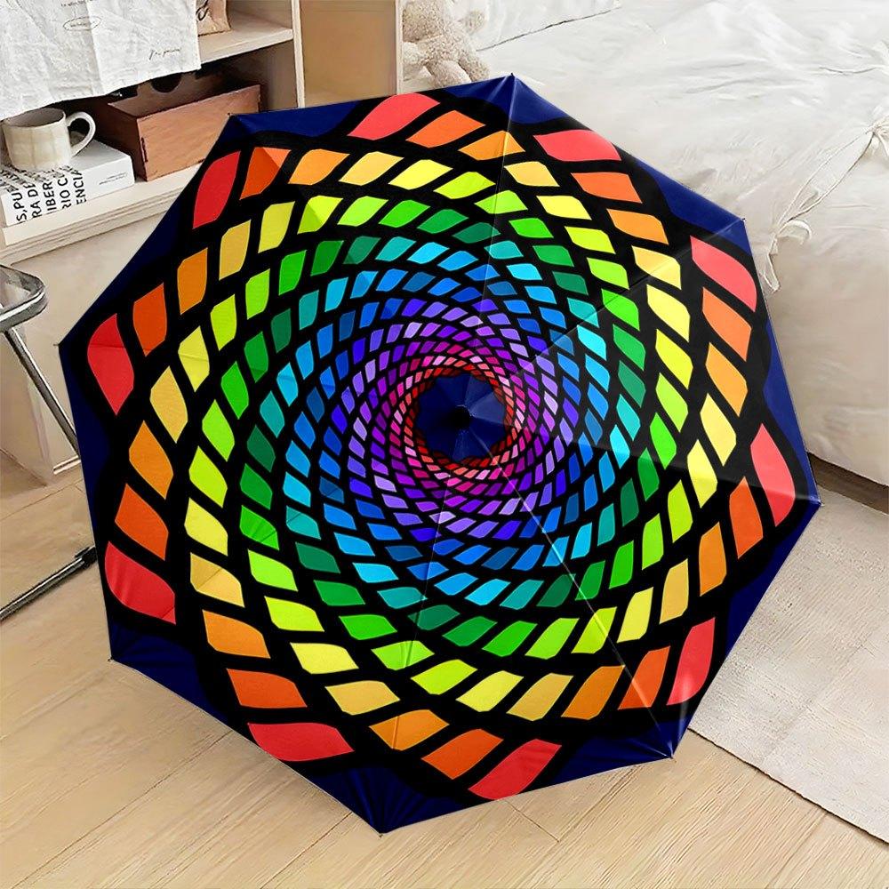 Automatic Folding Umbrella A vibrant rainbow spiral pattern with interlocking shapes. Portable collapsible design, casual outd
Automatic Folding Umbrella A vibrant rainbow spiral pattern with interlocking shapes. Portable collapsible design, casual outd