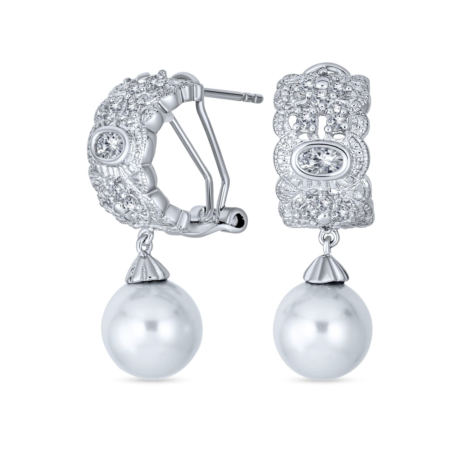 Элегантные винтажные свадебные украшения Milgrain Pave CZ White Glass Ball Pearl Drop Half Hoop Earrings with Omega Fine Silver Plated - Back,
Элегантные винтажные свадебные украшения Milgrain Pave CZ White Glass Ball Pearl Drop Half Hoop Earrings with Omega Fine Silver Plated - Back,