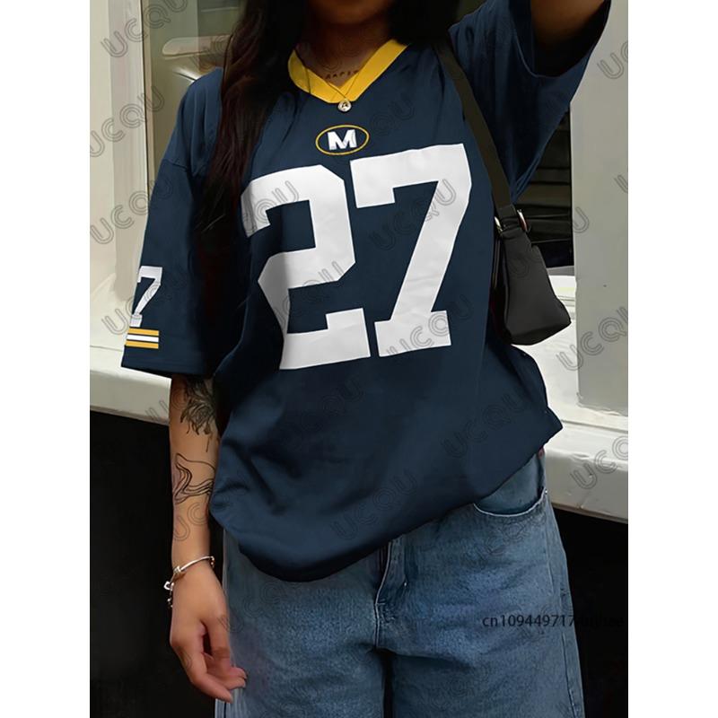 New Classic Retro Red No. 27 Print T-Shirt For Women Summer V-Neck Short Sleeve Sports Football Jersey Y2K Oversized Tops S
New Classic Retro Red No. 27 Print T-Shirt For Women Summer V-Neck Short Sleeve Sports Football Jersey Y2K Oversized Tops S