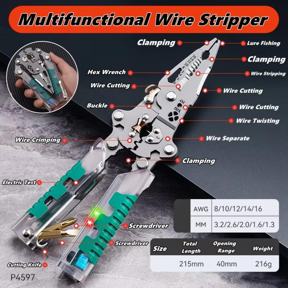 Multifunctional Foldalbe Wire Stripping Pliers with Voltage Test Voltage Test Pen Crimping Pliers
Multifunctional Foldalbe Wire Stripping Pliers with Voltage Test Voltage Test Pen Crimping Pliers
