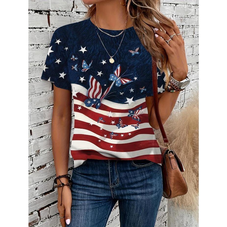 Women s American Flag & Butterfly Print Crew Neck T-Shirt - Casual Short Sleeve Spring/Autumn Top Vibrant Colors Printed Top XS
Women s American Flag & Butterfly Print Crew Neck T-Shirt - Casual Short Sleeve Spring/Autumn Top Vibrant Colors Printed Top XS