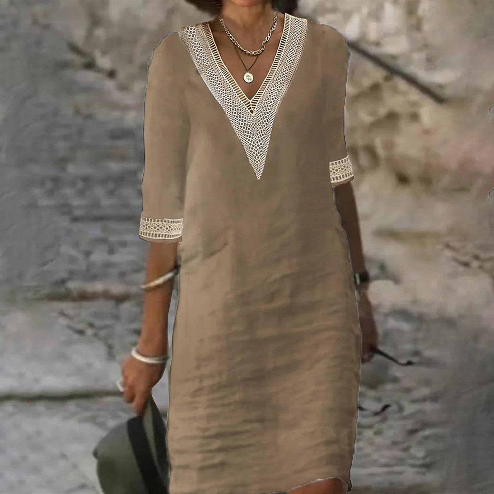 Жіноче суцільне повсякденне плаття з бавовни та льону з V-подібним вирізом і середніми рукавами S верблюд
Жіноче суцільне повсякденне плаття з бавовни та льону з V-подібним вирізом і середніми рукавами S верблюд