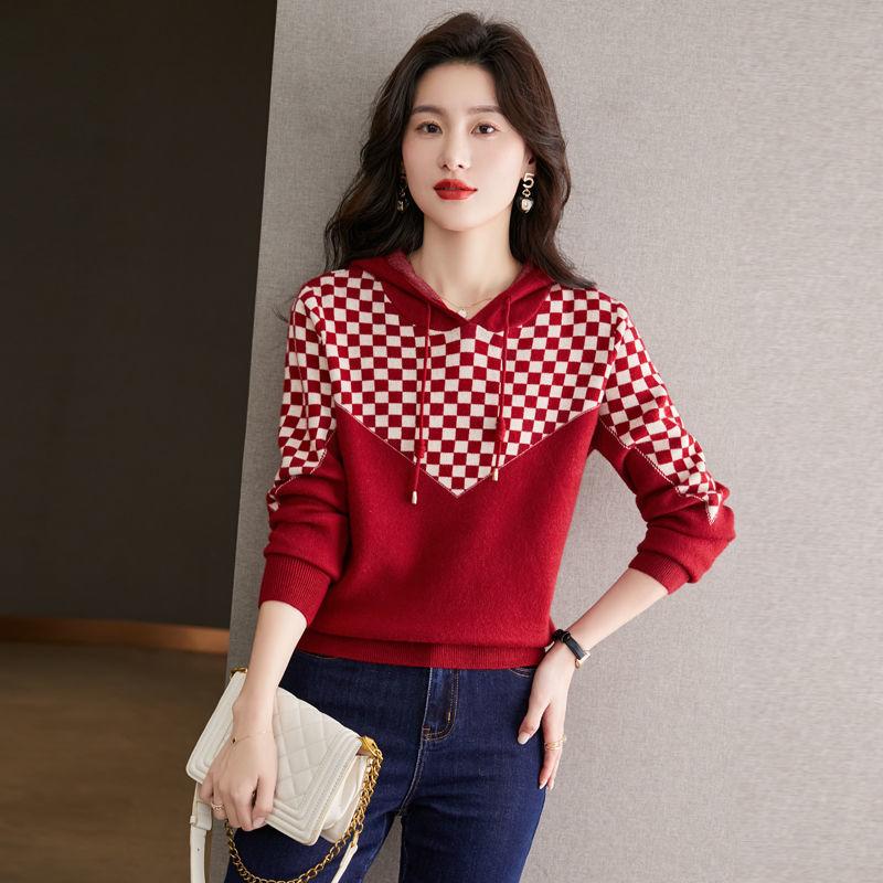 Клетчатая толстовка с капюшоном для женщин, весна-осень, новая коллекция, модная толстовка с капюшоном, стильная короткая рубашка с капюшоном 3XL красный