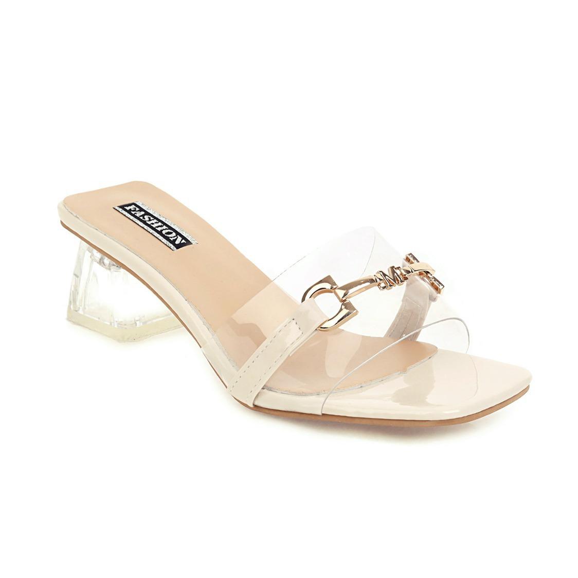 Новая летняя корейская версия прозрачных женских тапочек с одним словом, модные хрустальные тапочки с металлической цепочкой на высоком каблуке 40 бежевый