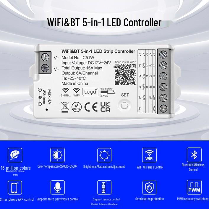 TUYA WiFi LED Strip Controller C51W: Supports Single, Dual Color, RGB, RGBW, and RGBCW.
TUYA WiFi LED Strip Controller C51W: Supports Single, Dual Color, RGB, RGBW, and RGBCW.