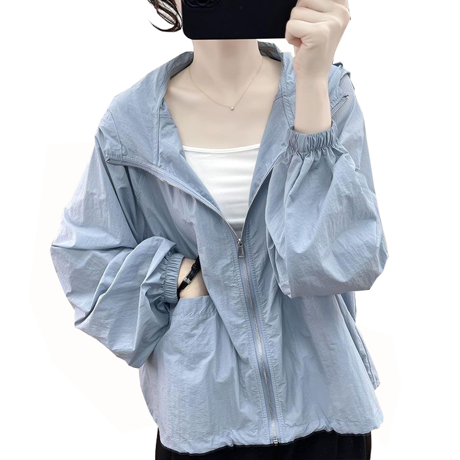 CoeFodMavo Защита от УФ-лучей Длинный с коротким Солнце Кондиционер Осень Женская толстовка, Кардиган на молнии, Рукав, Тонкий, Карманы, Длина, Прозрачный, синий