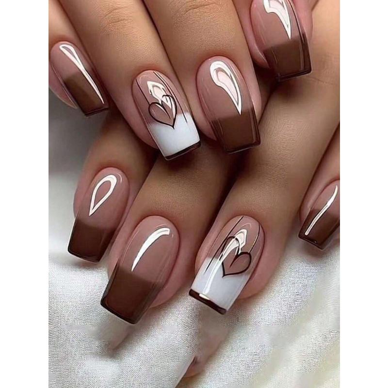 Medium Square Fake Nails - Featuring Brown French White Ombre Heart Pattern Design, Versatile Styles, Fashionable Nail Art,
Medium Square Fake Nails - Featuring Brown French White Ombre Heart Pattern Design, Versatile Styles, Fashionable Nail Art,