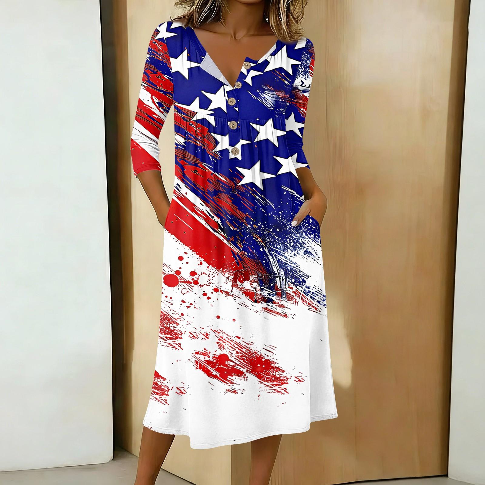 Women s Casual 3/4 Sleeve Button Front Midi Dress with Independence Day Print Loose Fit Comfortable Style S
Women s Casual 3/4 Sleeve Button Front Midi Dress with Independence Day Print Loose Fit Comfortable Style S