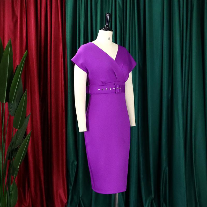 Темперамент с v-образным вырезом и поясом, плюс размер платья для поездок на работу, женская одежда, модная одежда для похудения XXXL фиолетовый