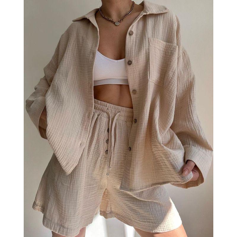 Women Shirt and Shorts Set Lapel Long Sleeve Shirt Drawstring Shorts Fashion Casual Two-Piece Suit Khakis S
Women Shirt and Shorts Set Lapel Long Sleeve Shirt Drawstring Shorts Fashion Casual Two-Piece Suit Khakis S