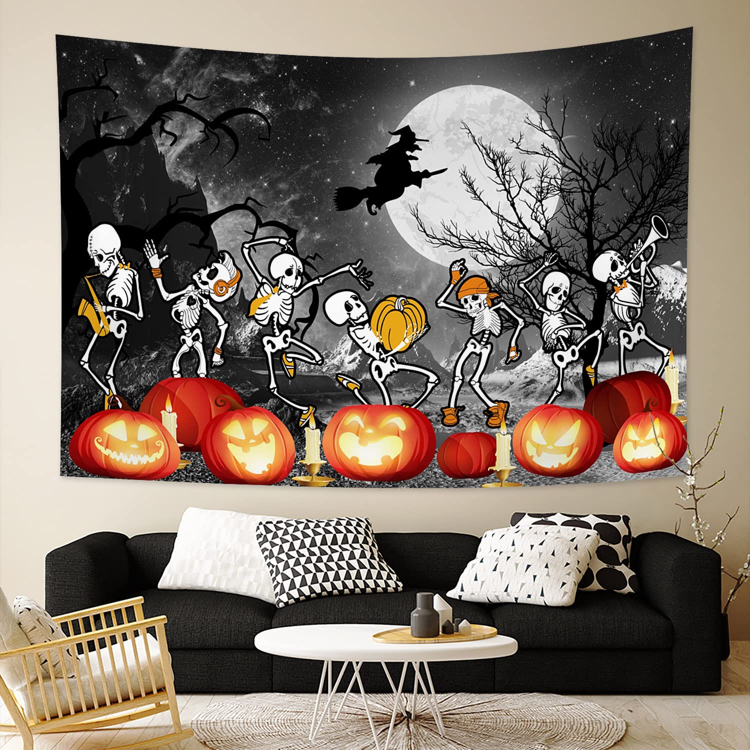 Осенний гобелен настенный гобелен деревенские тыквы и кленовые листья День благодарения полная луна вороны Хэллоуин 100x75cm