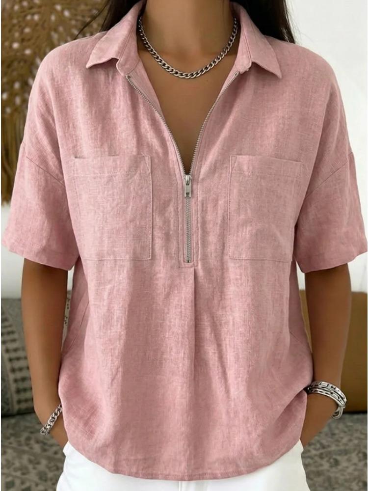 Women Short Sleeve Shirt Lapel Collar Zipper Front Pocket Casual Solid Color Blouse S розовый
Women Short Sleeve Shirt Lapel Collar Zipper Front Pocket Casual Solid Color Blouse S розовый