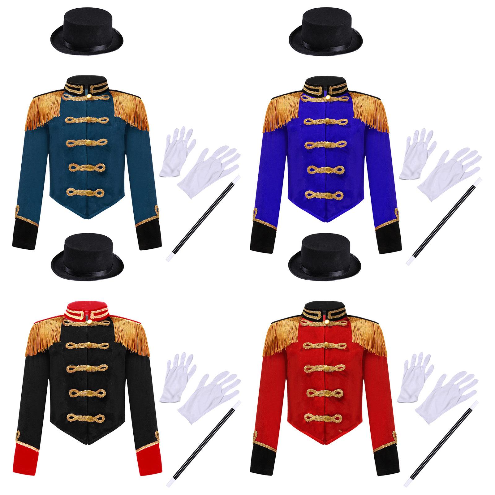 Kids Ringmaster Costume Set Long Sleeve Stand Collar Tassel Shoulder Button Jacket Hat Magic Gloves Halloween Performance 3-4 Years темно-синього кольору
Kids Ringmaster Costume Set Long Sleeve Stand Collar Tassel Shoulder Button Jacket Hat Magic Gloves Halloween Performance 3-4 Years темно-синього кольору