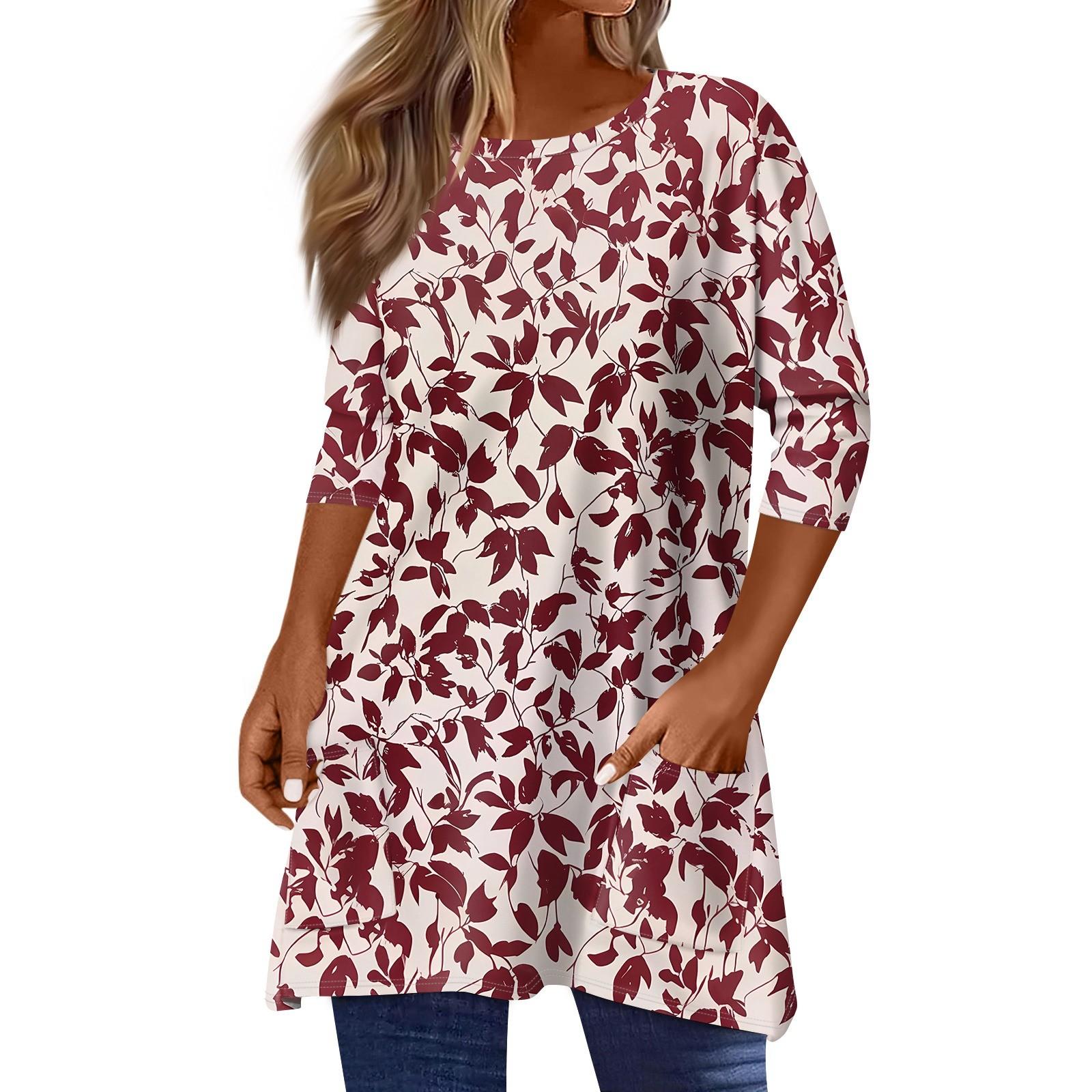 3/4 Sleeve Pocket Tops For Women Print Mid-length T Shirt Round Neck Blouse XL винний
3/4 Sleeve Pocket Tops For Women Print Mid-length T Shirt Round Neck Blouse XL винний