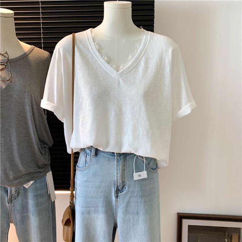 Women s Korean Style Snowflake Cotton V-Neck Lace Patchwork Short-Sleeve Loose Summer Tee 2XL
Women s Korean Style Snowflake Cotton V-Neck Lace Patchwork Short-Sleeve Loose Summer Tee 2XL