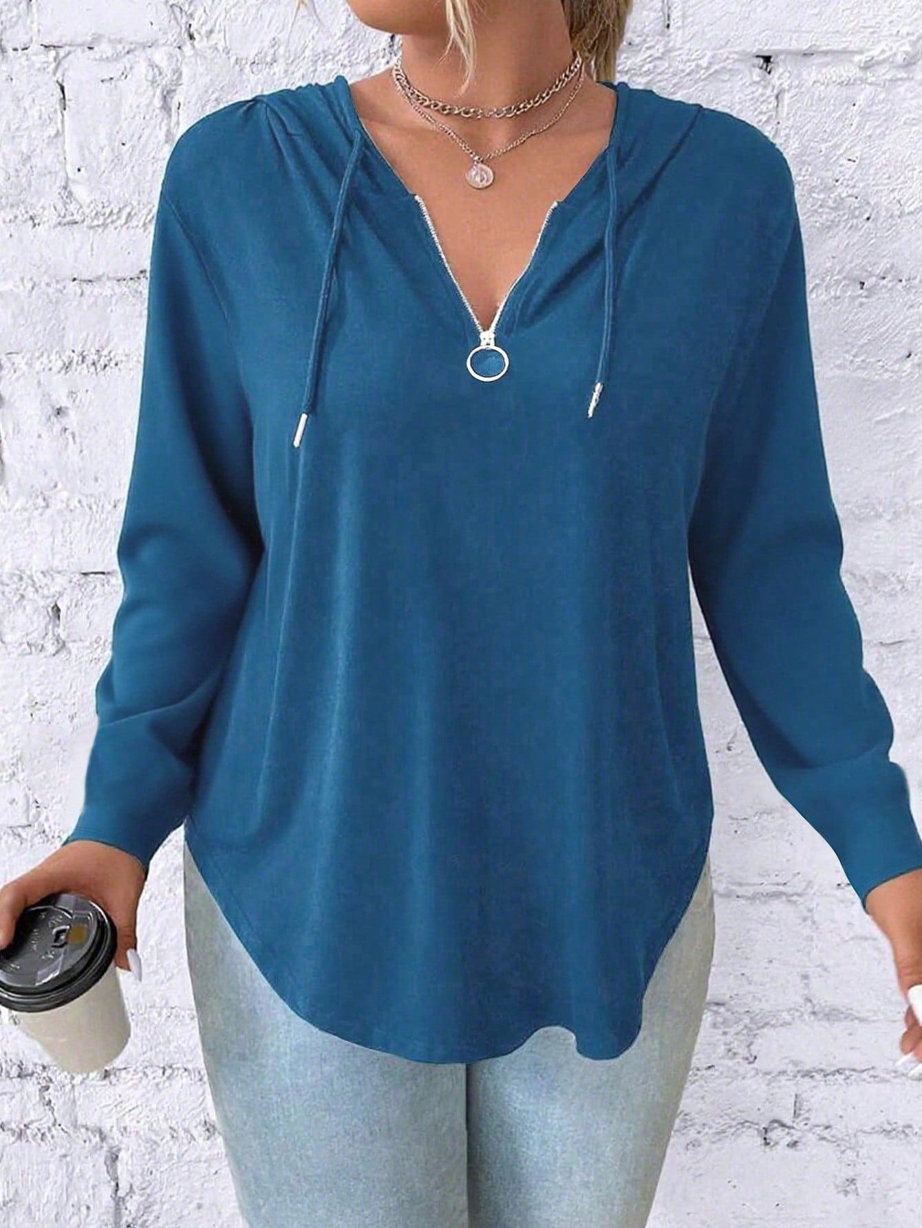 Женская толстовка большого размера на молнии с капюшоном, однотонная, осенне-зимняя 2XL темно-синий