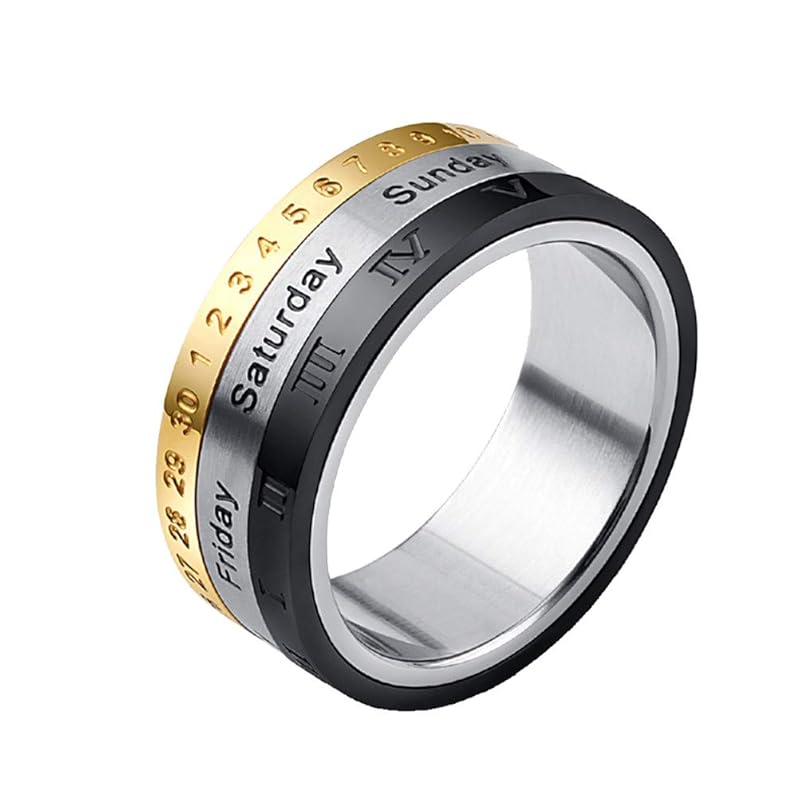 Oakky mens stainless steel 8MM wide spinner ring Engraved 3 Color Roman Numeral Calendar Rotatable Personality Wedding Ring size 26
Oakky mens stainless steel 8MM wide spinner ring Engraved 3 Color Roman Numeral Calendar Rotatable Personality Wedding Ring size 26