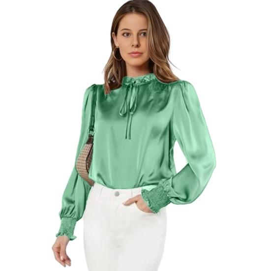 Женская рубашка со стойкой воротником, оборками, длинным рукавом, пуловер, однотонная, из шелковистого атласа, свободного кроя, повседневные топы M зелёный
Женская рубашка со стойкой воротником, оборками, длинным рукавом, пуловер, однотонная, из шелковистого атласа, свободного кроя, повседневные топы M зелёный