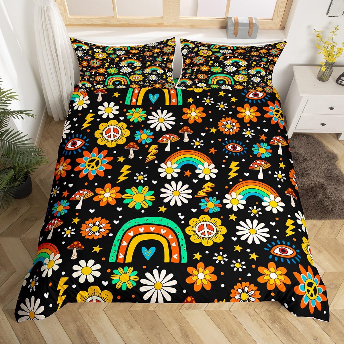 Retro 60s 70s Grovy Flower Soft Duvet Cover,Colorful Hipie Floral Beding Set Quen,Carton Rainbow Mushrom Daisy Warm Comforter Cover 135*200cm Eu-Single
Retro 60s 70s Grovy Flower Soft Duvet Cover,Colorful Hipie Floral Beding Set Quen,Carton Rainbow Mushrom Daisy Warm Comforter Cover 135*200cm Eu-Single