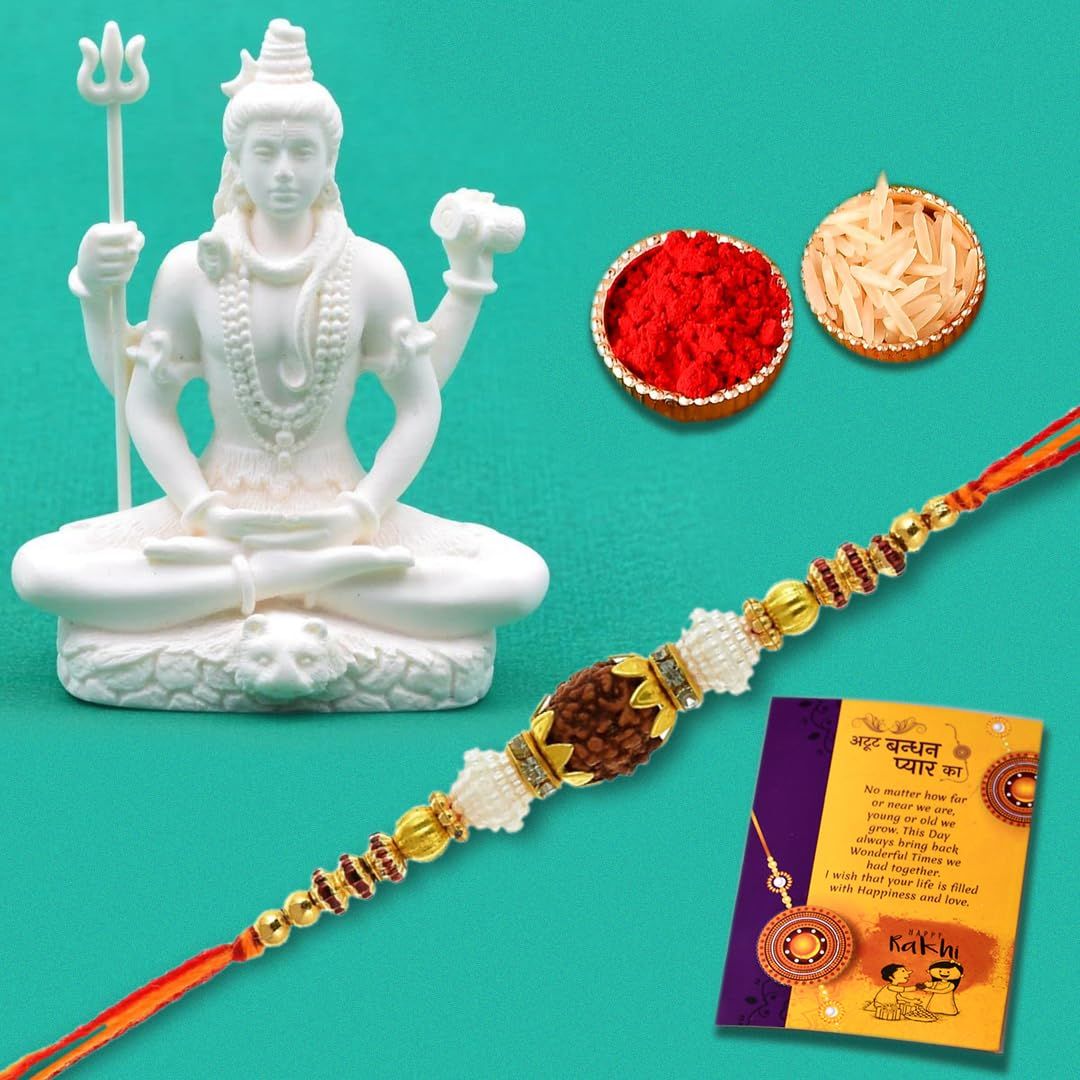 Rakhi for Brother with Shiva Idol Gift Combo Set - Rakhi Gift for Brother bhaiya-Combo of 4 (1 Shiva Idol, 1 Rakhi, Tilak Set, Greeting Card)
Rakhi for Brother with Shiva Idol Gift Combo Set - Rakhi Gift for Brother bhaiya-Combo of 4 (1 Shiva Idol, 1 Rakhi, Tilak Set, Greeting Card)
