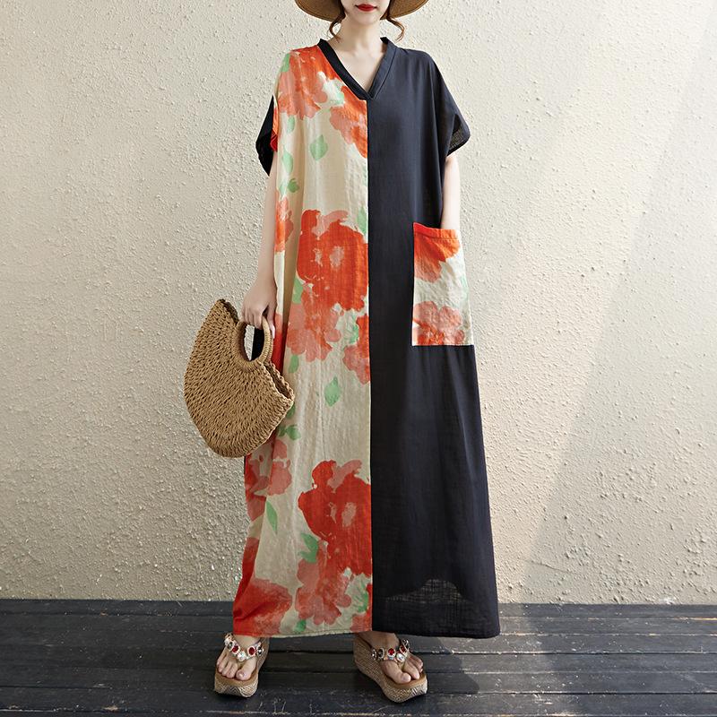 A Short-sleeved Color-blocked Long Dress with A Retro Cotton and Linen V-neck That Hides The Figure and Makes One Look Slimmer L
A Short-sleeved Color-blocked Long Dress with A Retro Cotton and Linen V-neck That Hides The Figure and Makes One Look Slimmer L