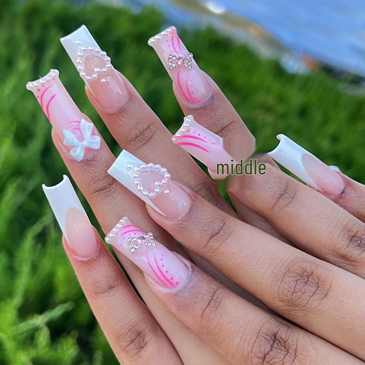 French Pearl Heart Rhinestone Faux Nails - Medium Long Rectangular Tips with Bow Accents
French Pearl Heart Rhinestone Faux Nails - Medium Long Rectangular Tips with Bow Accents