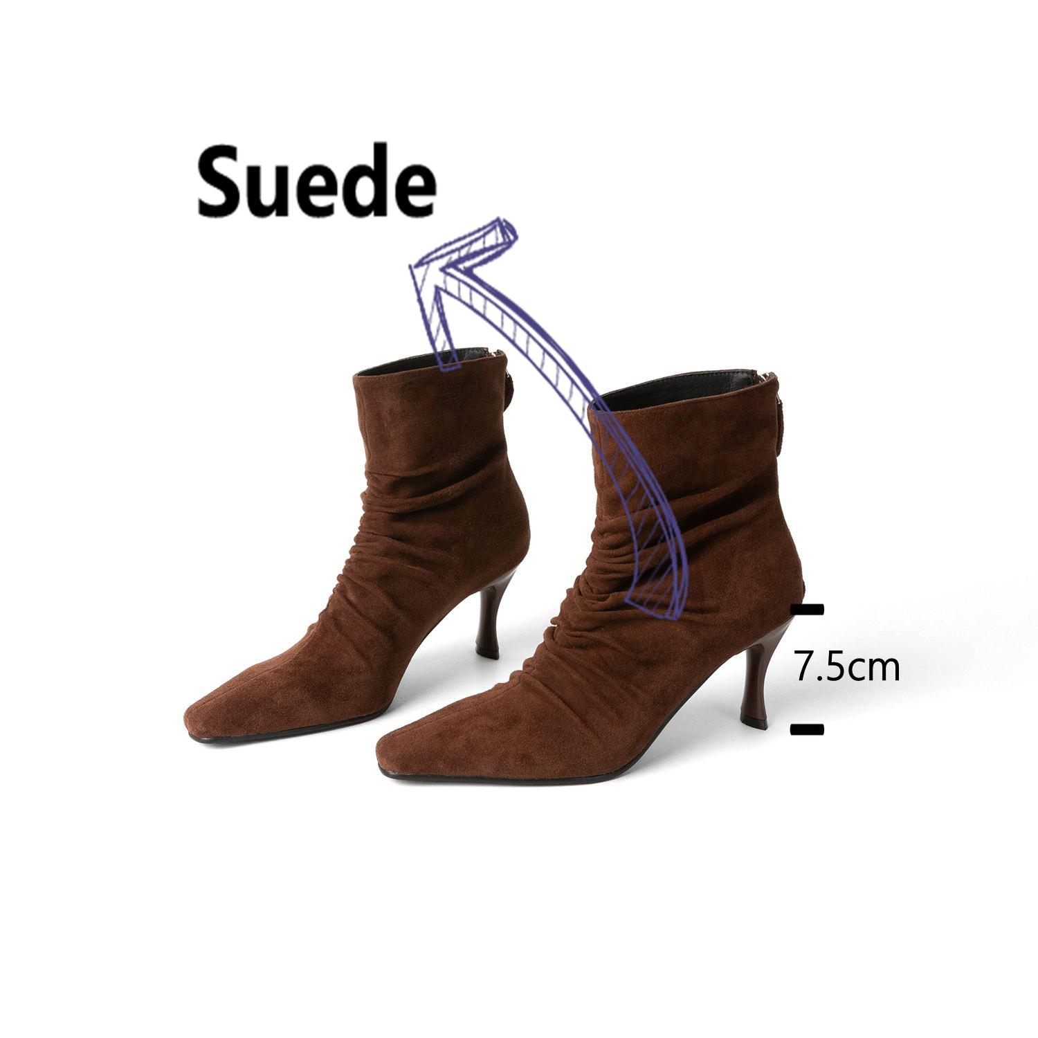 Krazing Pot Овчина Замша Осенне-зимняя обувь Модные ботинки SquareToe Сохраняют тепло Шпильки Тонкие высокие каблуки Ботильоны 40 коричневый