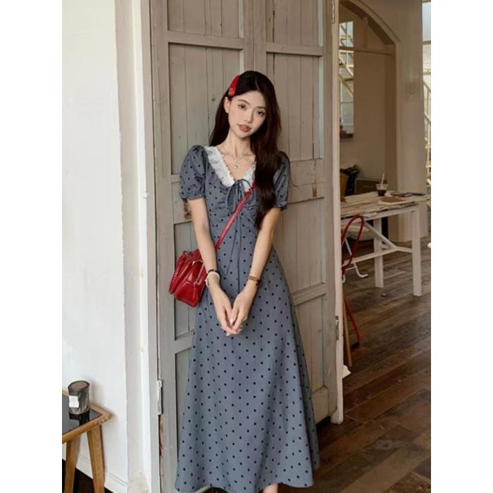 Girls French gray polka dot dress women summer fat mm waist thin belly V neck short sleeve long skirt XL сірий колір
Girls French gray polka dot dress women summer fat mm waist thin belly V neck short sleeve long skirt XL сірий колір
