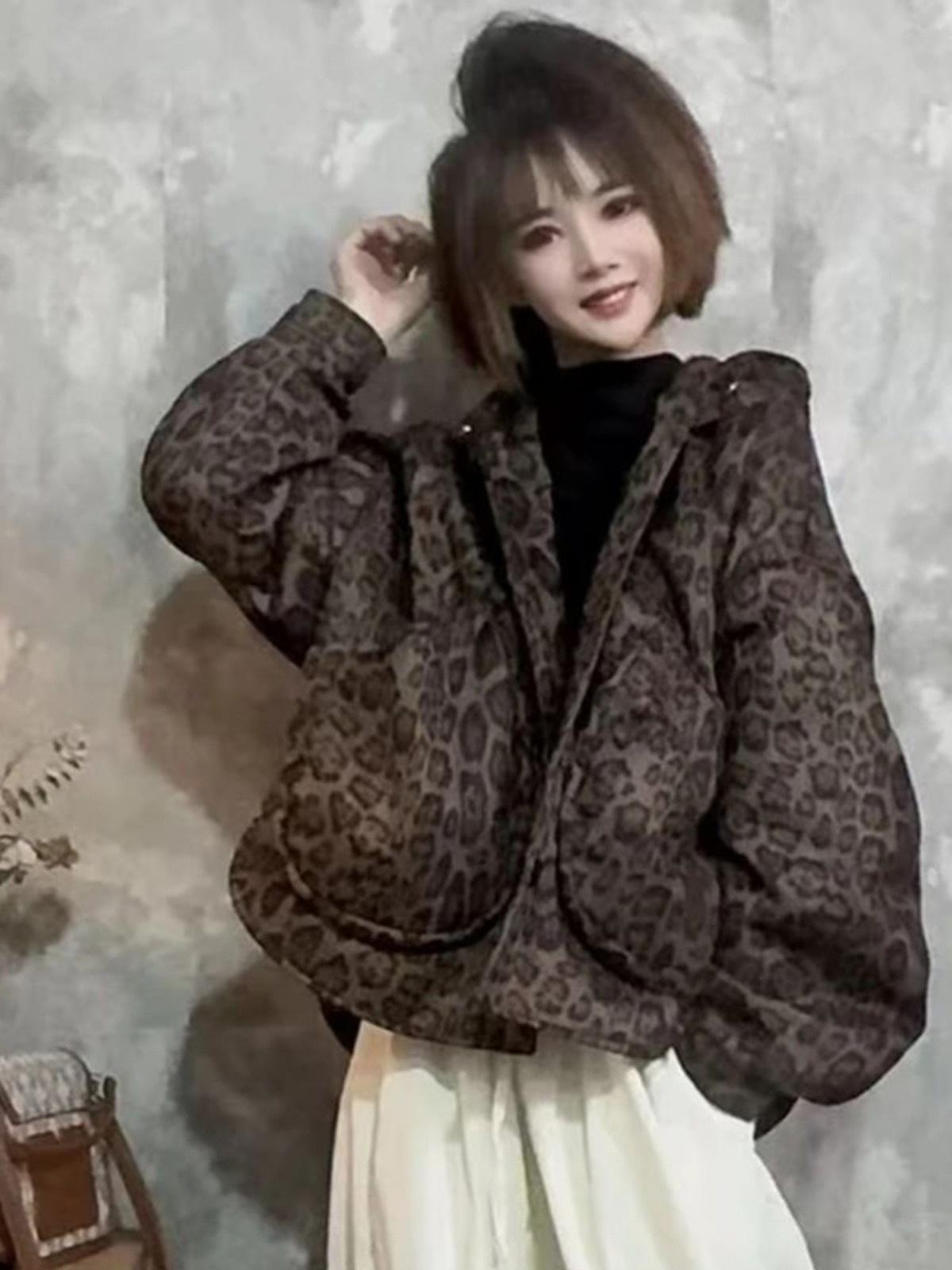 Хлопковое пальто с леопардовым принтом для женской зимы 2025 года, новое, с большим карманом, свободное, с капюшоном, на одной пуговице M цветной печати леопарда