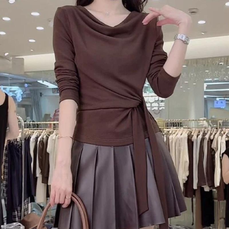 Autumn Outer Wear Bottoming Shirt Women s Long-sleeved T-shirt Fashionable Lace-up Waist Slimming Top M коричневий
Autumn Outer Wear Bottoming Shirt Women s Long-sleeved T-shirt Fashionable Lace-up Waist Slimming Top M коричневий