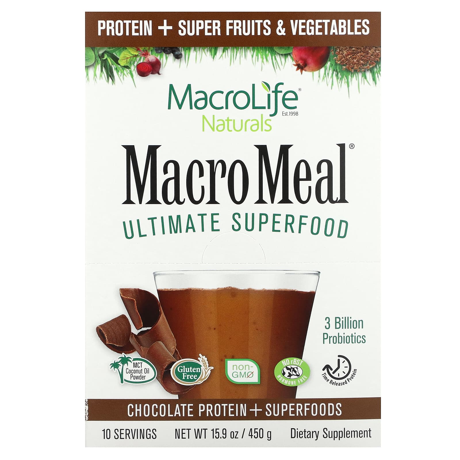 Macrolife Naturals, Macro Meal, Ultimate Superfood, Chocolate, 10 пакетиків, 1,6 унції (45 г) Кожен
Macrolife Naturals, Macro Meal, Ultimate Superfood, Chocolate, 10 пакетиків, 1,6 унції (45 г) Кожен