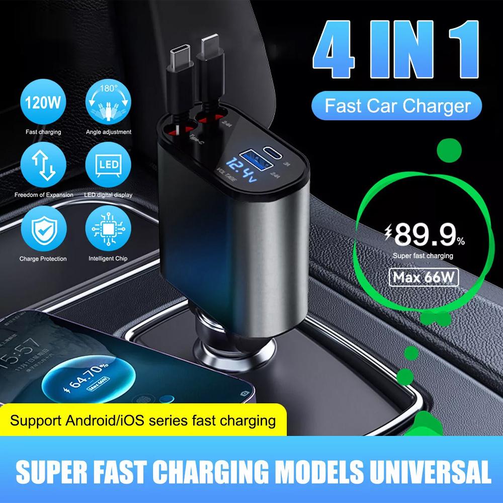 120 Вт выдвижное автомобильное зарядное устройство 4 в 1 USB C быстрая зарядка автомобильный разъем зарядное устройство адаптер для iPhone Xiaomi Huawei Samsung
120 Вт выдвижное автомобильное зарядное устройство 4 в 1 USB C быстрая зарядка автомобильный разъем зарядное устройство адаптер для iPhone Xiaomi Huawei Samsung