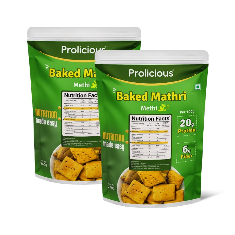 Prolicious Baked Mathri | 10g Protein, High Fiber | Healthy Weightloss Snack | No Palm Oil, No Transfat | Made with Whole Foods | 500g (2 X
Prolicious Baked Mathri | 10g Protein, High Fiber | Healthy Weightloss Snack | No Palm Oil, No Transfat | Made with Whole Foods | 500g (2 X