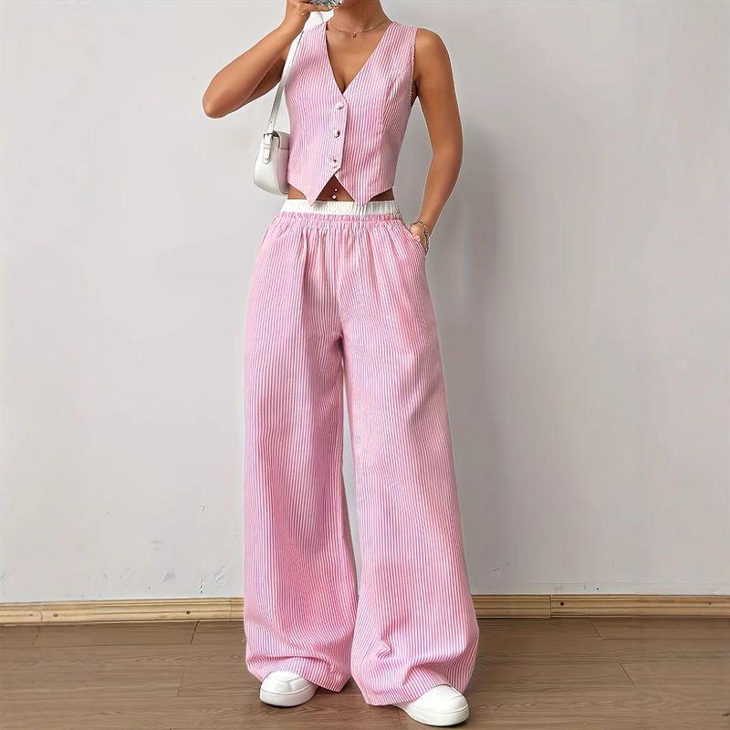 Two Piece Pants Set Summer European and American Stripe Sleeveless V-neck Vest + Waist Contrast Color Trousers Two-piece Set Pink S
Two Piece Pants Set Summer European and American Stripe Sleeveless V-neck Vest + Waist Contrast Color Trousers Two-piece Set Pink S
