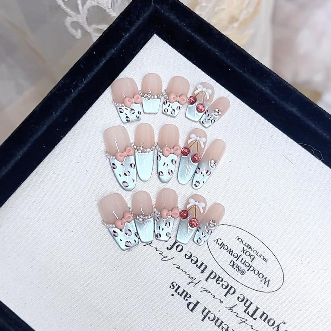 Плетеная вручную броня синий вишневый трехмерная ручная роспись большая вишня леопардовый принт кошачий глаз стиль патч для нейл-арта large L