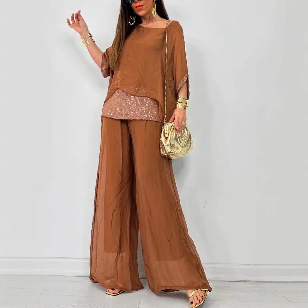 Летний модный однотонный шифоновый костюм для женщин, повседневный, с круглым вырезом, рукавами «летучая мышь», топом с пайетками и брюками широкого кроя, комплект из двух предметов XL коричневый
Летний модный однотонный шифоновый костюм для женщин, повседневный, с круглым вырезом, рукавами «летучая мышь», топом с пайетками и брюками широкого кроя, комплект из двух предметов XL коричневый