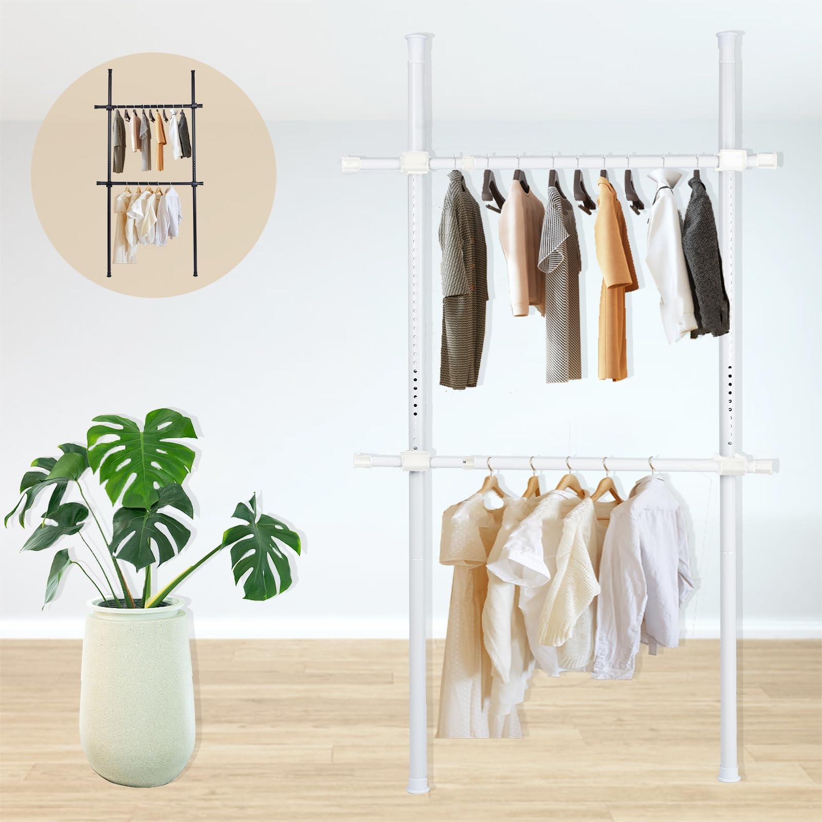 DEWEL Вешалка Распорная штанга Ширина Высота Грузоподъемность Легкая одежда Инструкция Белая Стойка, Вешалка, ок.. 110-310 см, примерно. 75-120см, Двойной, белый
