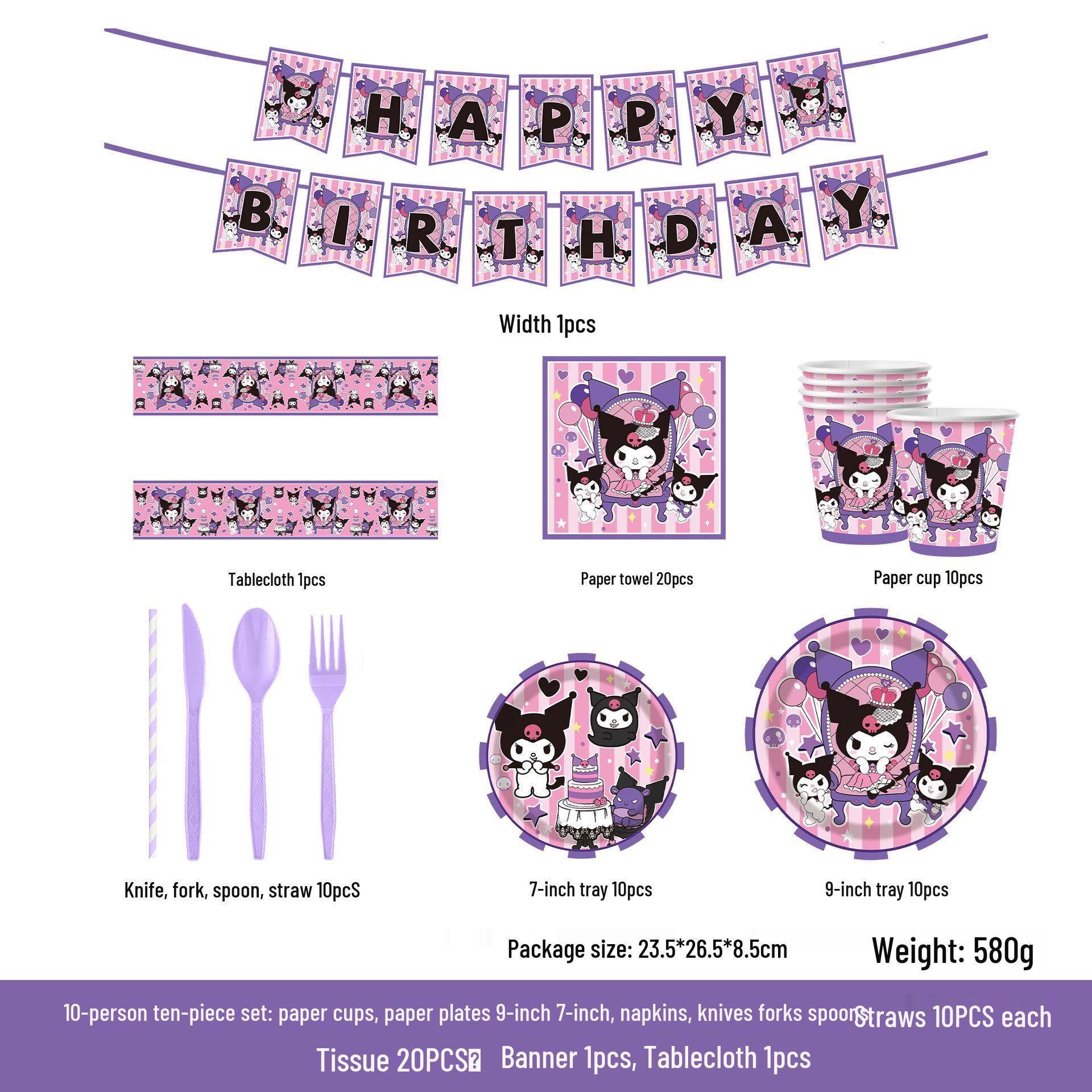 Kuromi Birthday Party Decoration Set: Disposable Plates, Cups, Napkins, Tablecloth, Cutlery.
Kuromi Birthday Party Decoration Set: Disposable Plates, Cups, Napkins, Tablecloth, Cutlery.