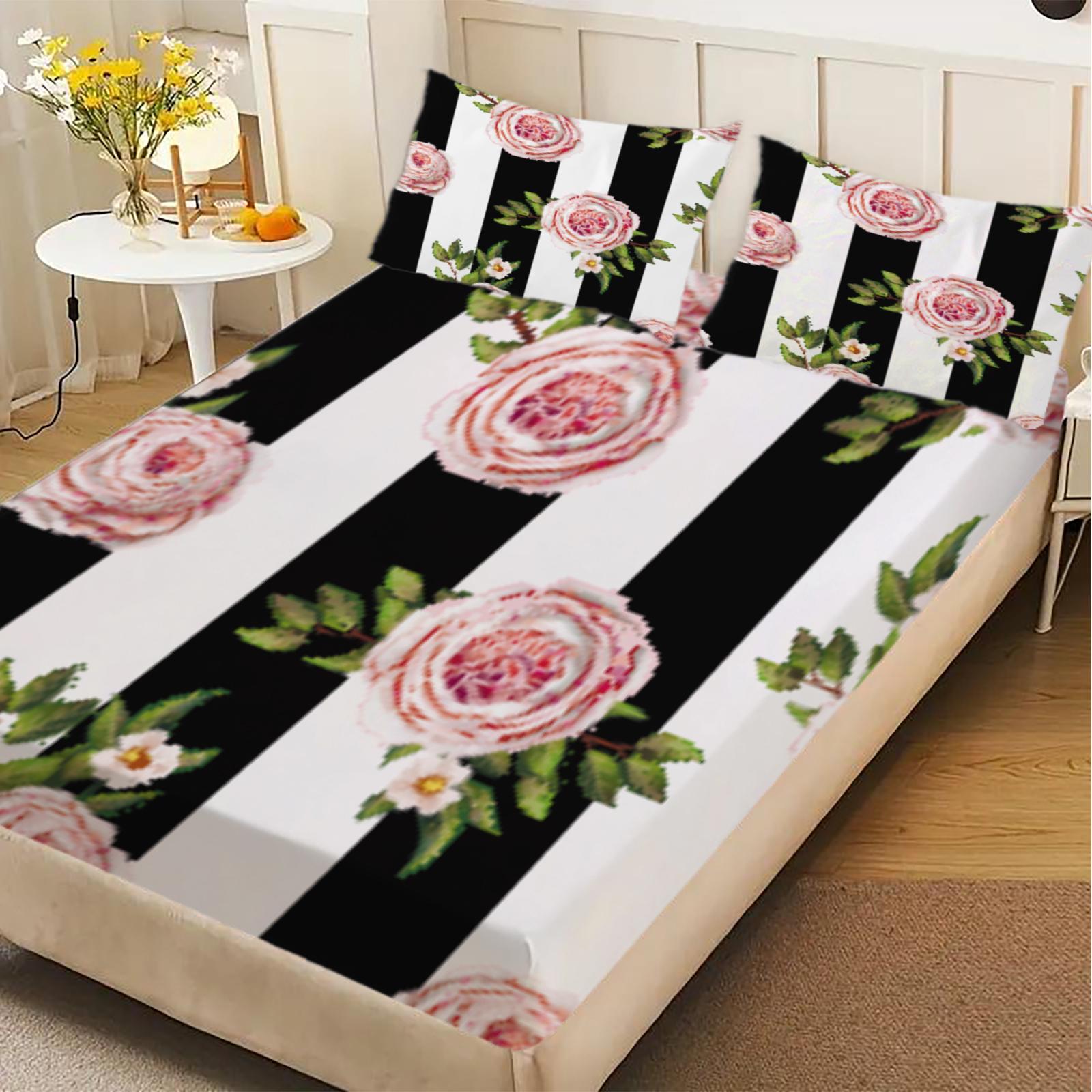 3pcs Fitted Sheet Set Black And White Stripes With Pink Flowers Bed Sheet With Pillowcases For Bedroom Decor 99x190x25cm
3pcs Fitted Sheet Set Black And White Stripes With Pink Flowers Bed Sheet With Pillowcases For Bedroom Decor 99x190x25cm